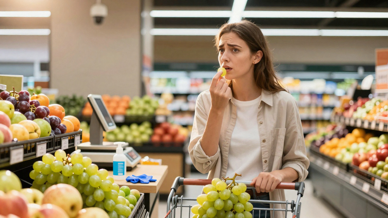 Mulher em supermercado a provar uva, com carrinho cheio de fruta e expressão de dúvida.