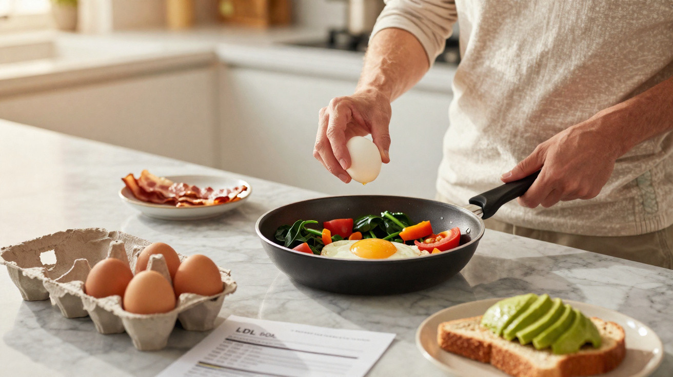 Pessoa a preparar omelete com ovos, espinafres, tomate, bacon e tosta com abacate numa cozinha luminosa.