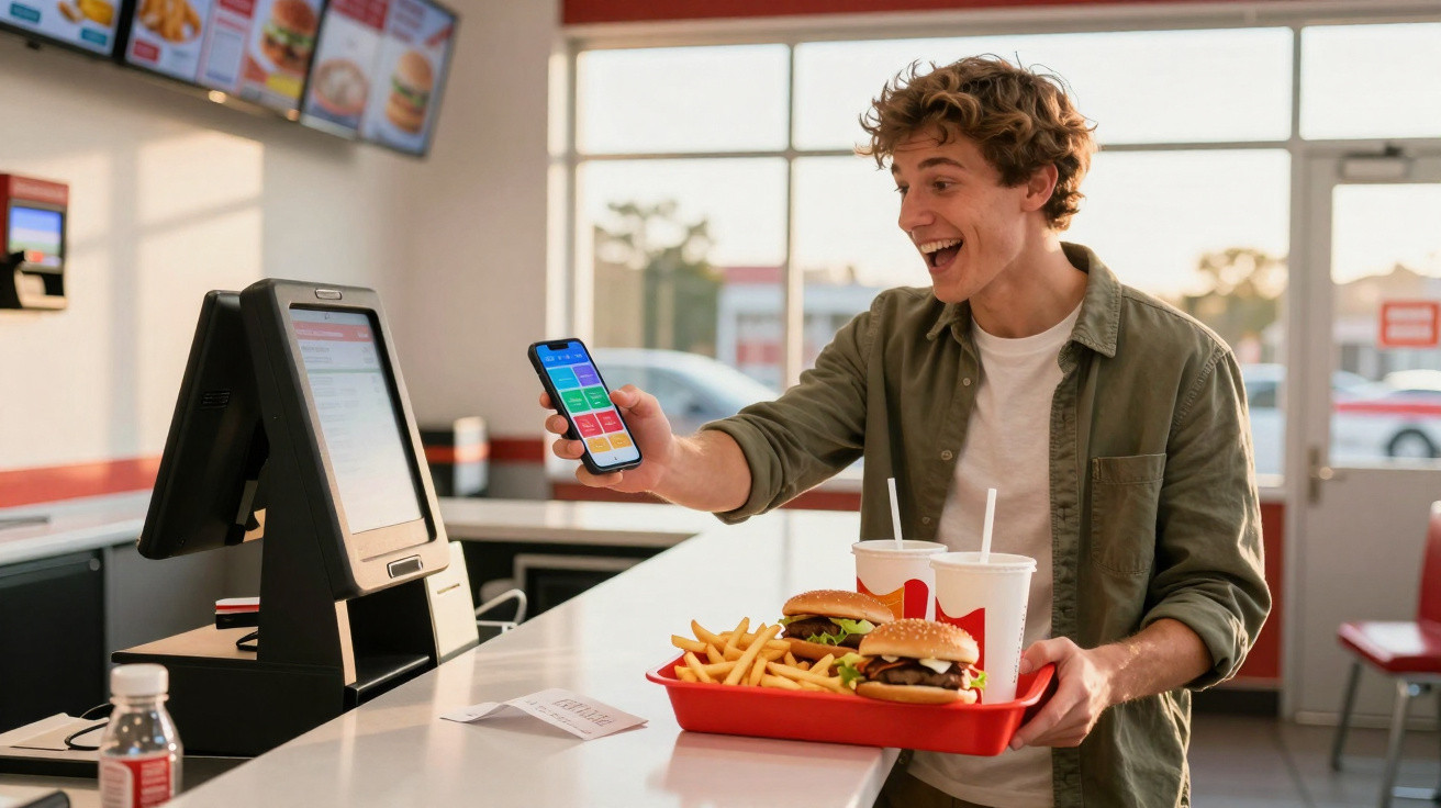 Jovem feliz paga refeição de hambúrguer, batatas fritas e refrigerante com telemóvel num restaurante.