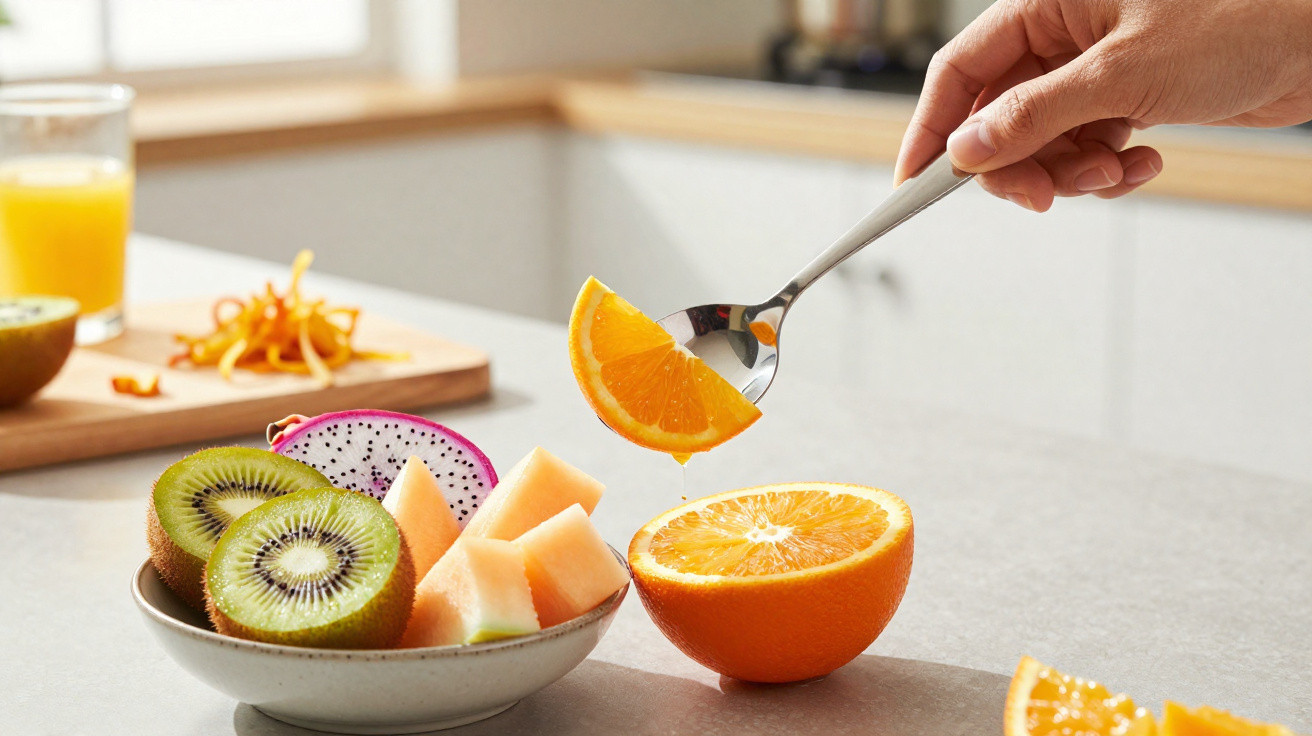Mão a segurar uma colher com pedaço de laranja sobre meio fruto laranja e taça com várias frutas fatiadas.