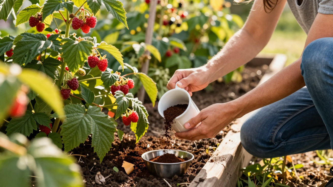 Pessoa a colocar borra de café no solo ao lado de plantas de framboesas num canteiro de jardim.
