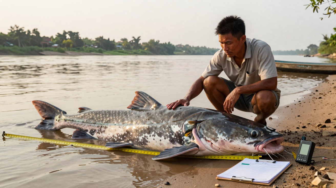 Homem junto a peixe gigante medido com fita métrica na margem de rio calmo.
