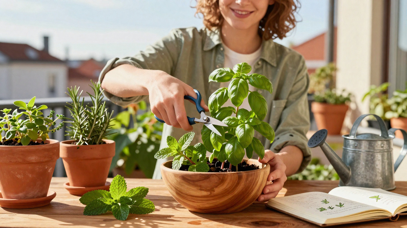 Mulher a cortar manjericão num vaso de madeira com plantas e livro aberto numa mesa exterior.
