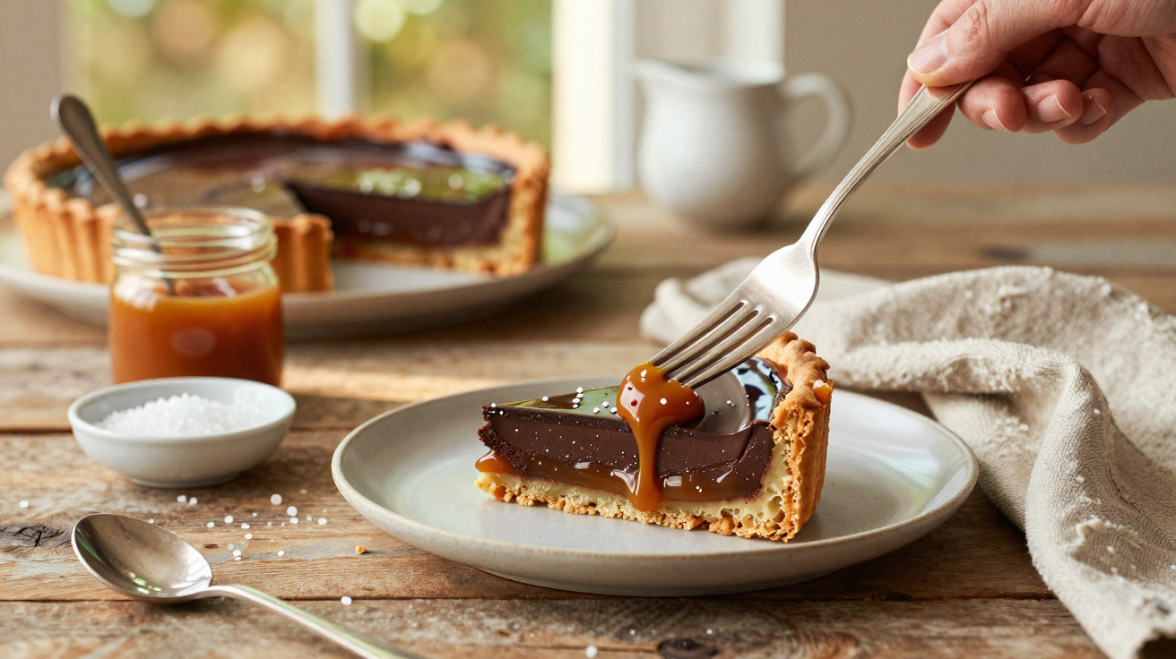Slice de tarte de chocolate com caramelo e sal marinho num prato cinzento sobre mesa de madeira.