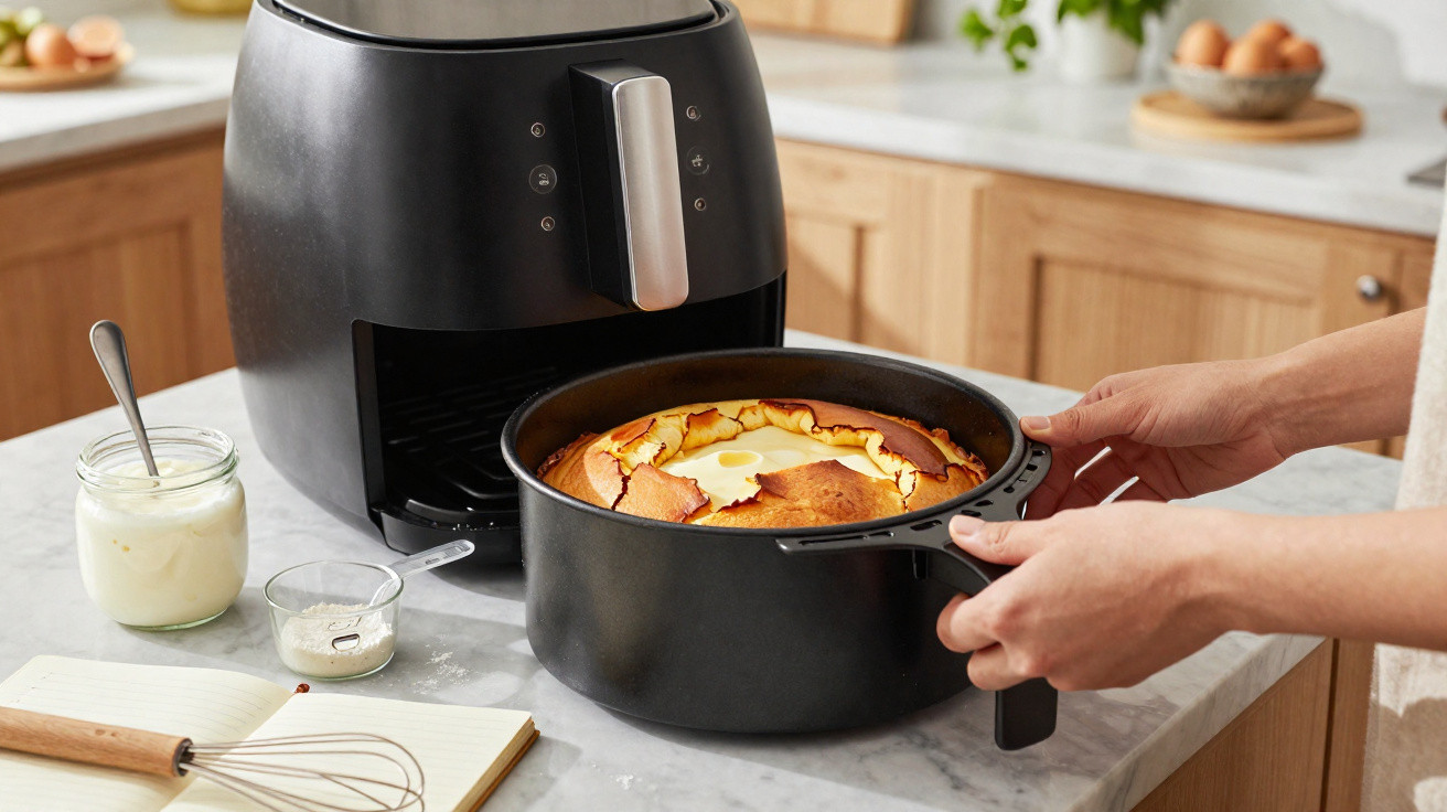Pessoa a retirar bolo acabado de cozer numa fritadeira eléctrica de ar na cozinha.