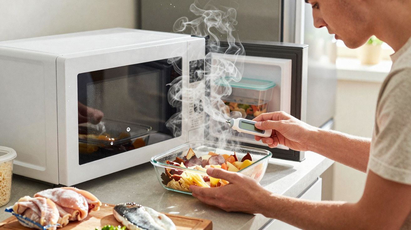Homem verifica temperatura de comida quente numa taça de vidro à frente do micro-ondas aberto numa cozinha.