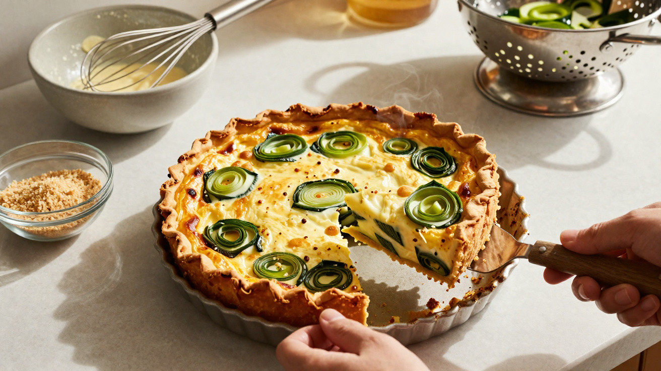 Pessoa a servir uma tarte salgado com decoração de rodelas verdes, em bancada com taças e utensílios de cozinha.