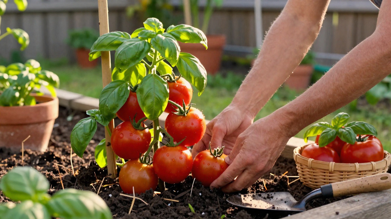 Mãos colhendo tomates vermelhos maduros de uma planta com folhas verdes num jardim ensolarado.