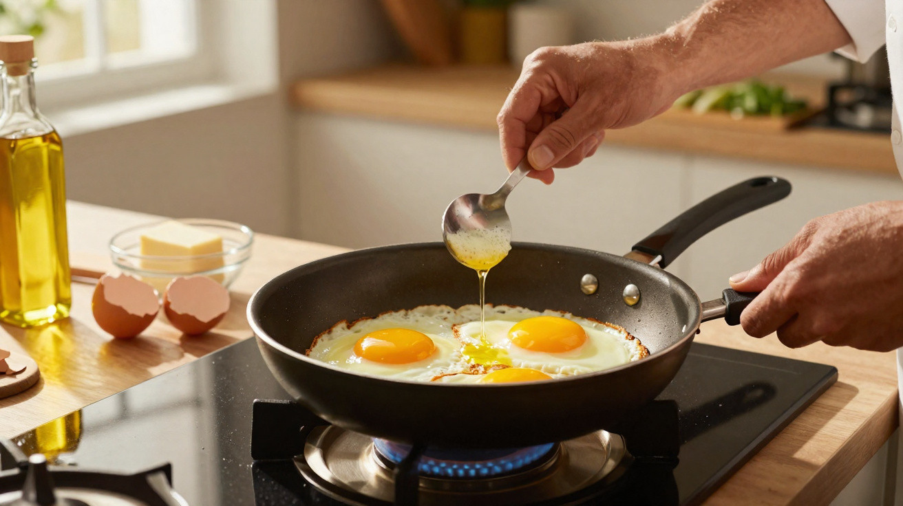 Pessoa a cozinhar ovos estrelados numa frigideira no fogão com óleo e manteiga ao lado.