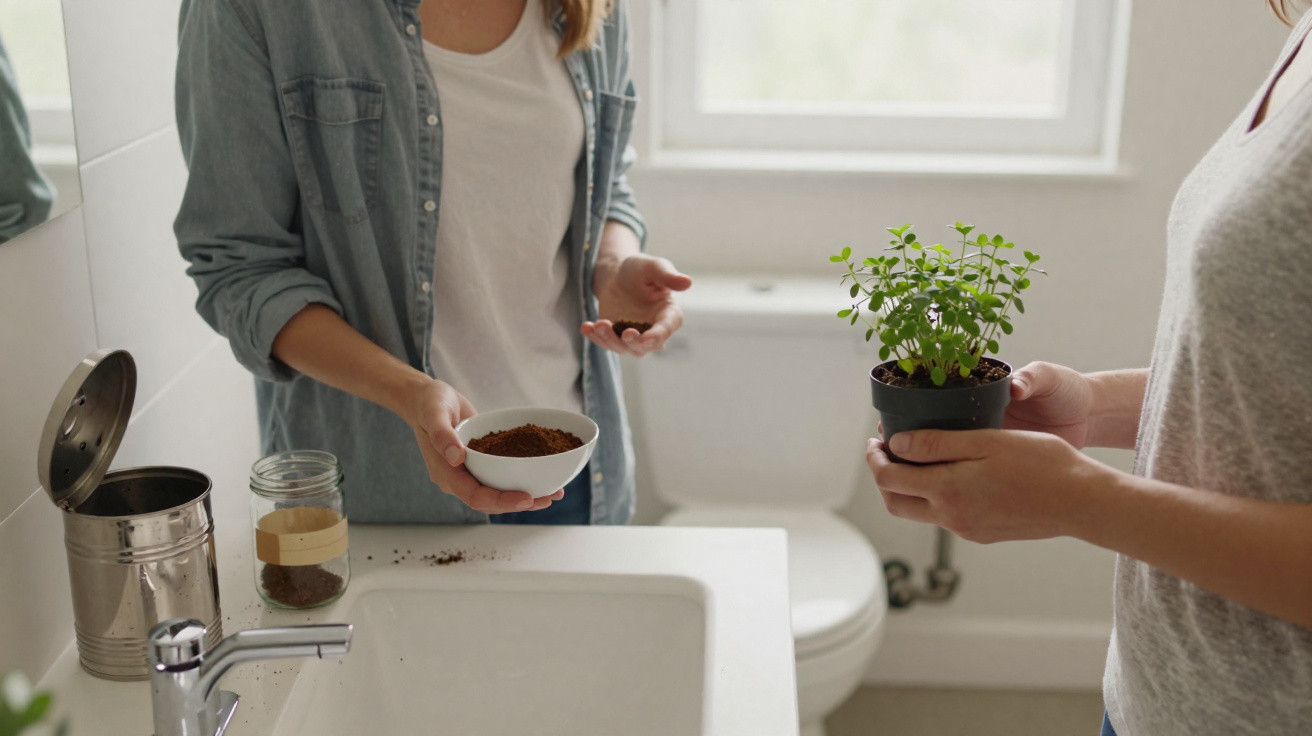 Duas pessoas num banheiro, uma com um vaso de planta e a outra com um recipiente de terra.