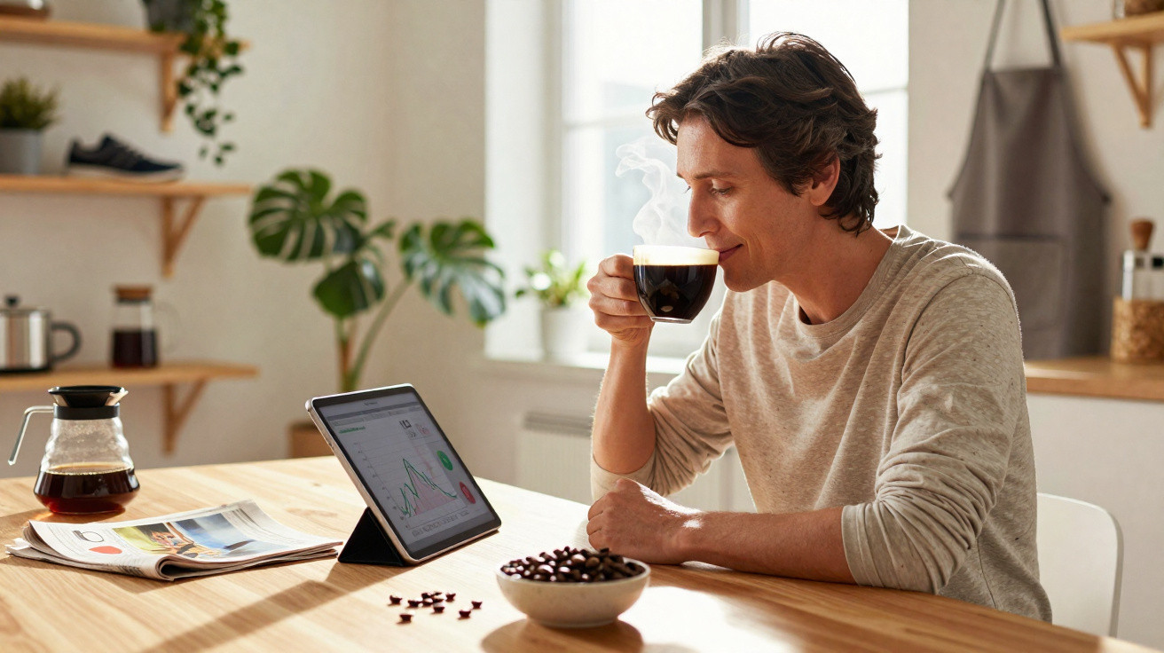 Homem a apreciar café quente enquanto consulta gráficos num tablet, numa cozinha luminosa.