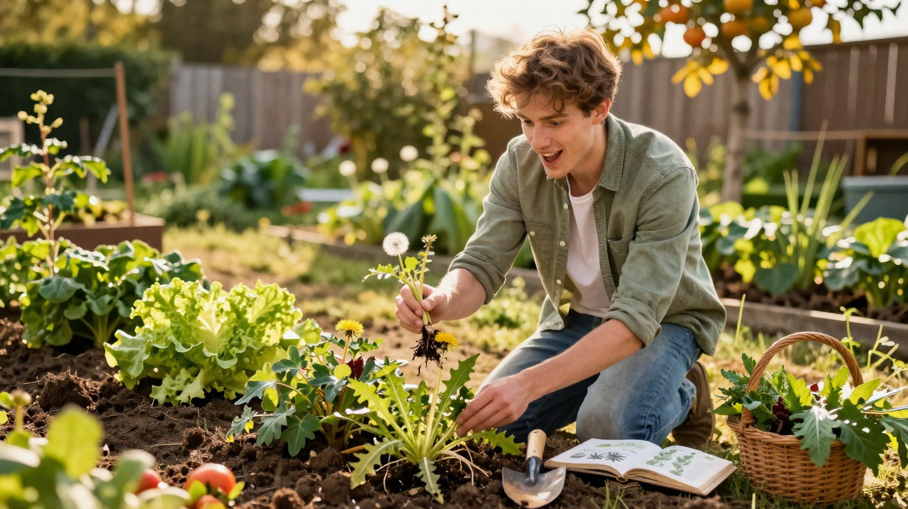 Jovem a arrancar erva daninha num jardim ensolarado, com cesta e livro de plantas ao lado.