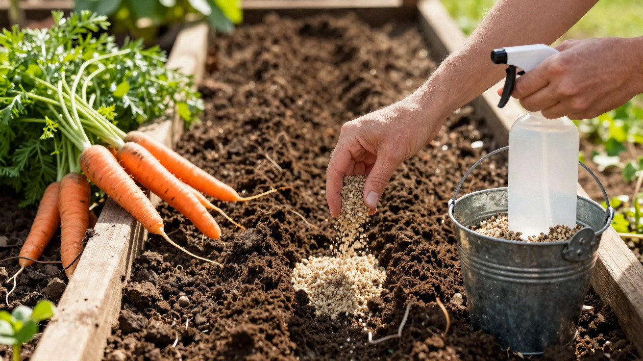 Pessoa a espalhar fertilizante granulado numa horta com cenouras frescas ao lado.