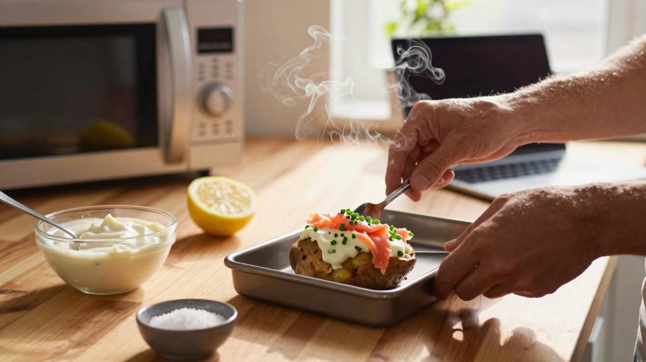 Mãos a preparar batata assada com creme e salmão fumado numa bancada de cozinha junto a micro-ondas e limão.
