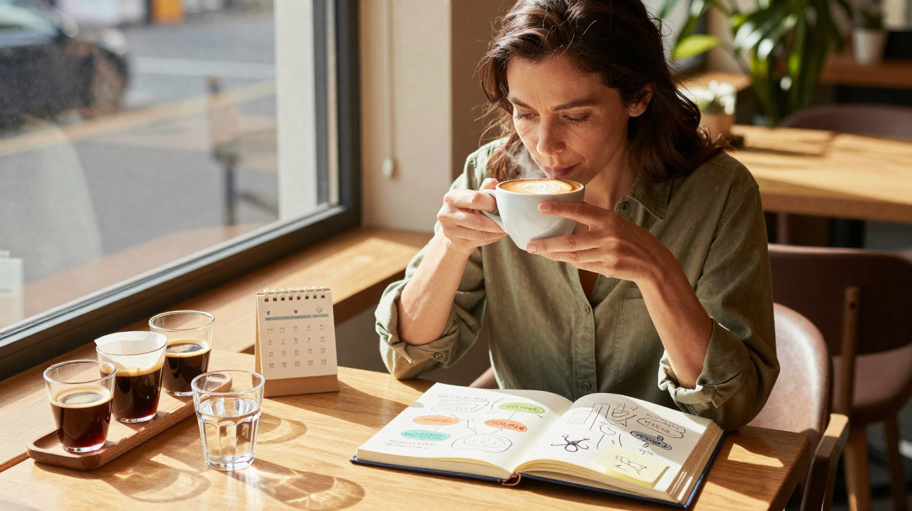 Mulher a beber café sentada junto à janela com livro aberto e copos de café e água numa mesa de madeira.