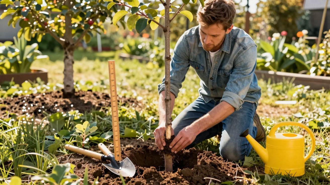 Homem a plantar árvore numa horta, rodeado de ferramentas de jardinagem e regador amarelo.