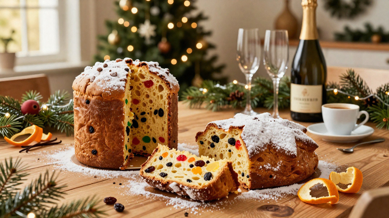Panetone e bolo natalício cortados com frutos secos, champanhe, café, e árvore de Natal decorada ao fundo.