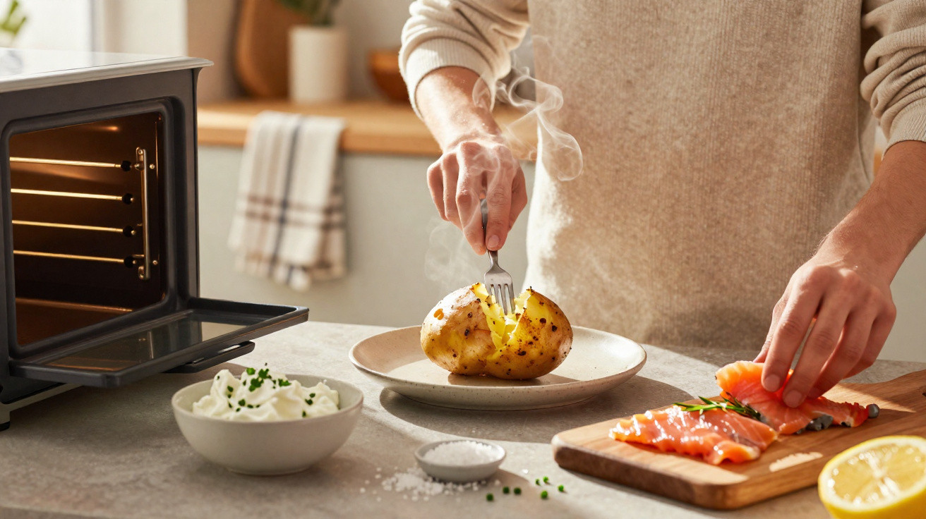 Pessoa a preparar batata assada com salmão fumado numa cozinha iluminada e acolhedora.