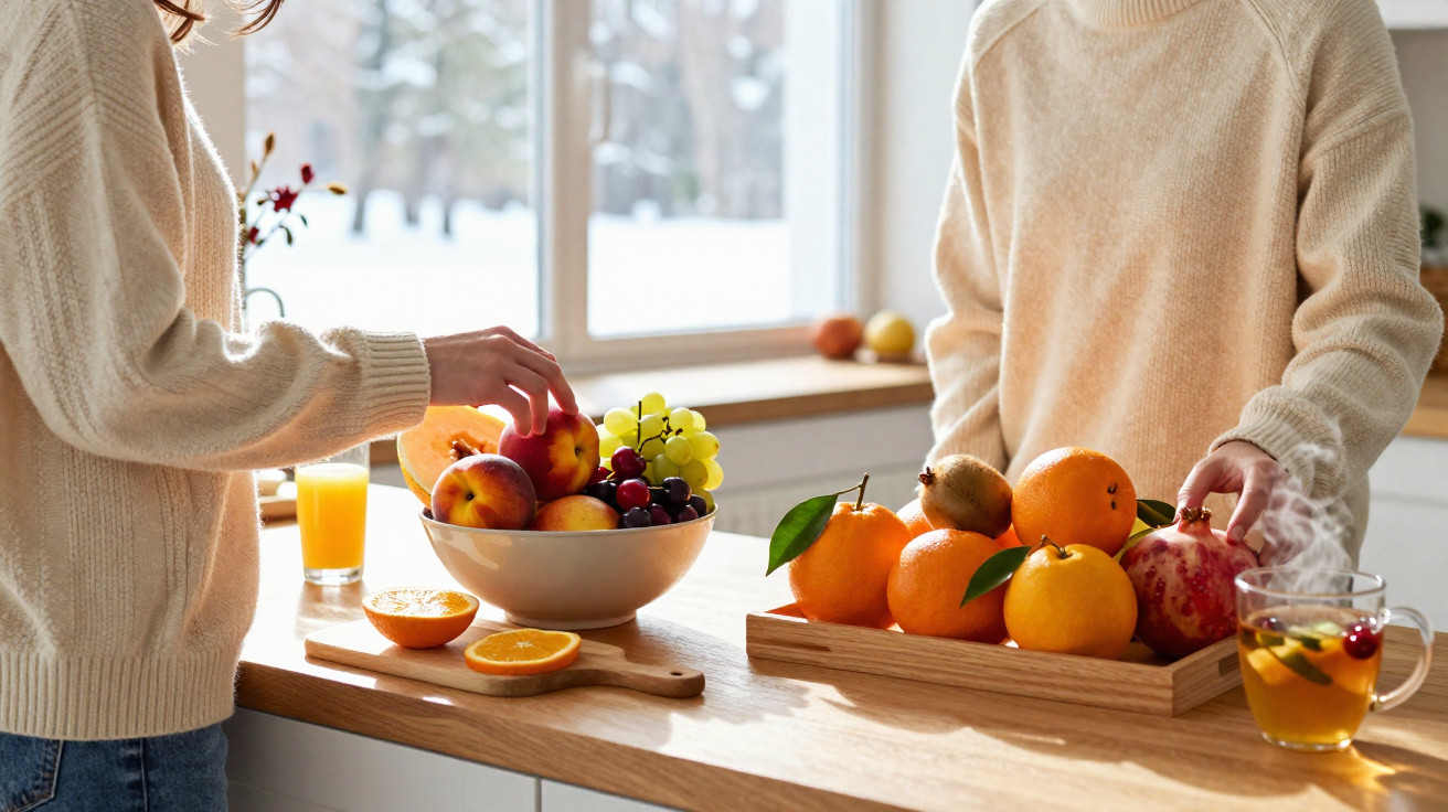 Duas pessoas junto a uma bancada com fruta fresca e sumo, em ambiente luminoso e acolhedor.