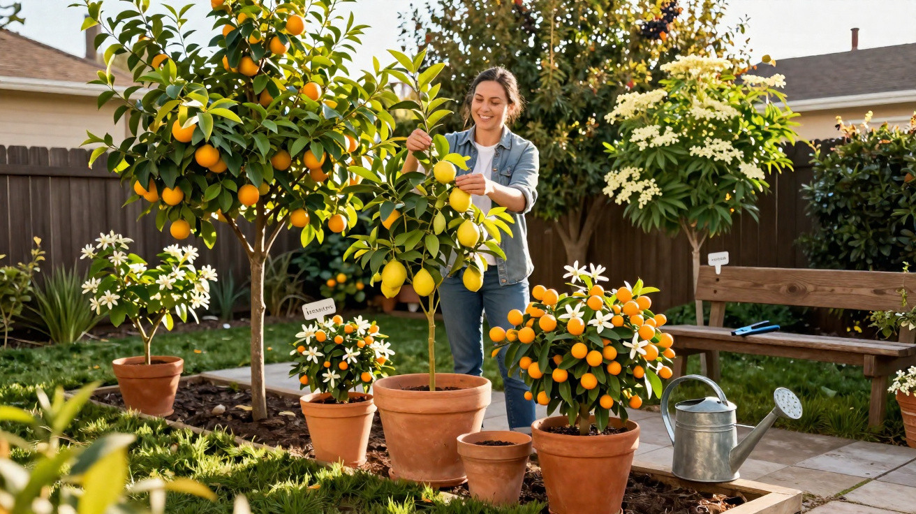 Mulher a apanhar limões numa árvore num jardim com vasos de plantas cítricas e regador ao lado.