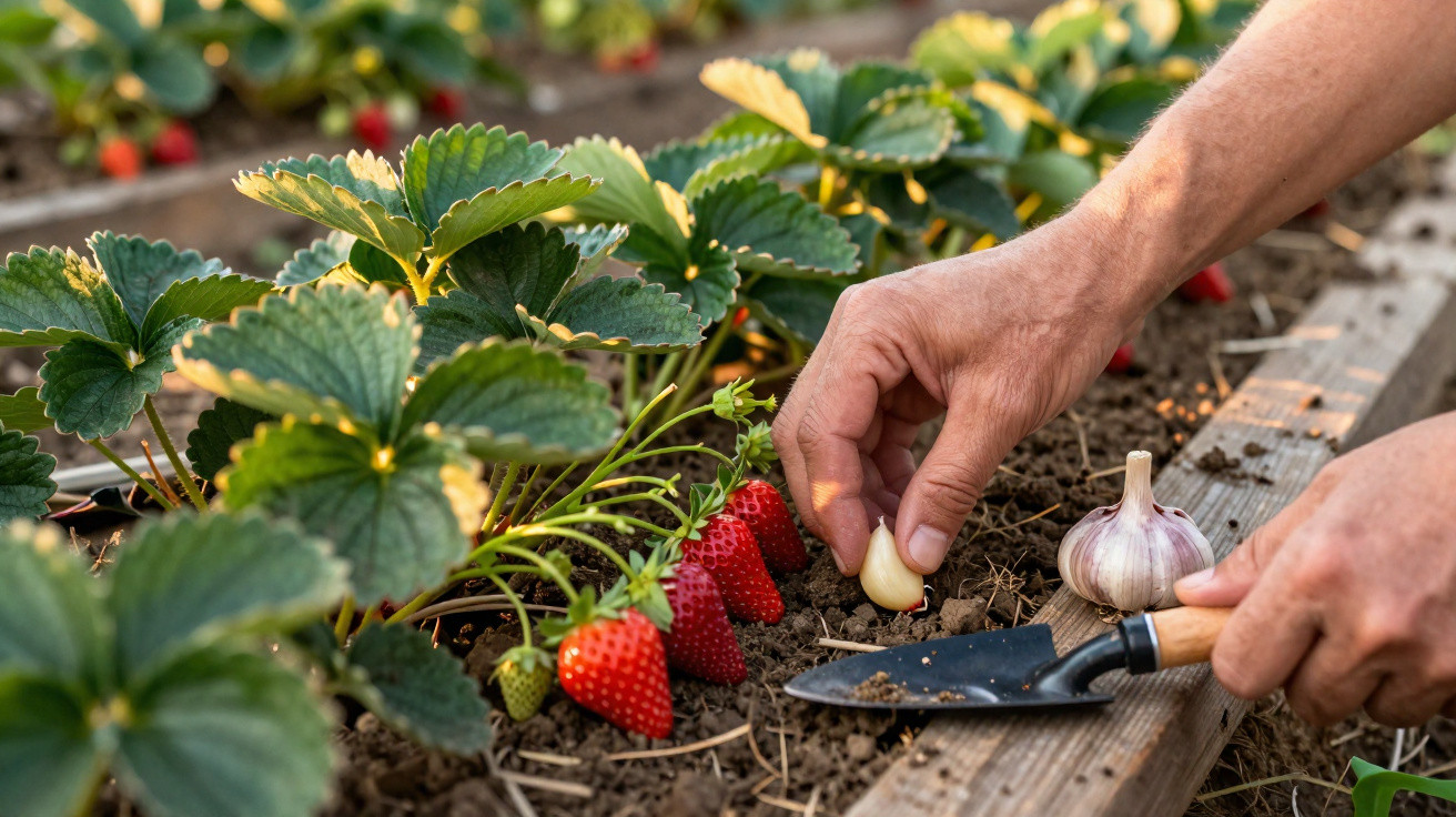Mãos a plantar dentes de alho ao lado de morangos maduros num canteiro de madeira.