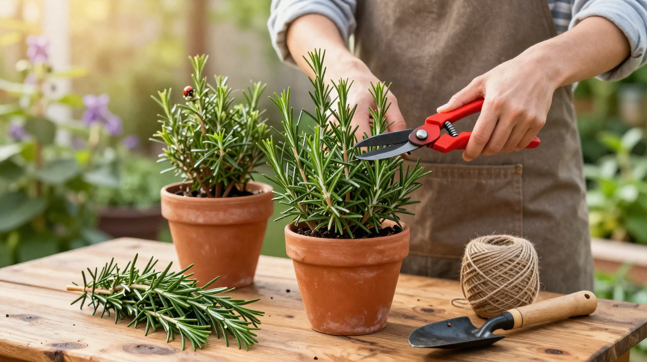 Pessoa a podar plantas de alecrim em vasos de barro numa mesa de madeira, com ferramentas de jardinagem.