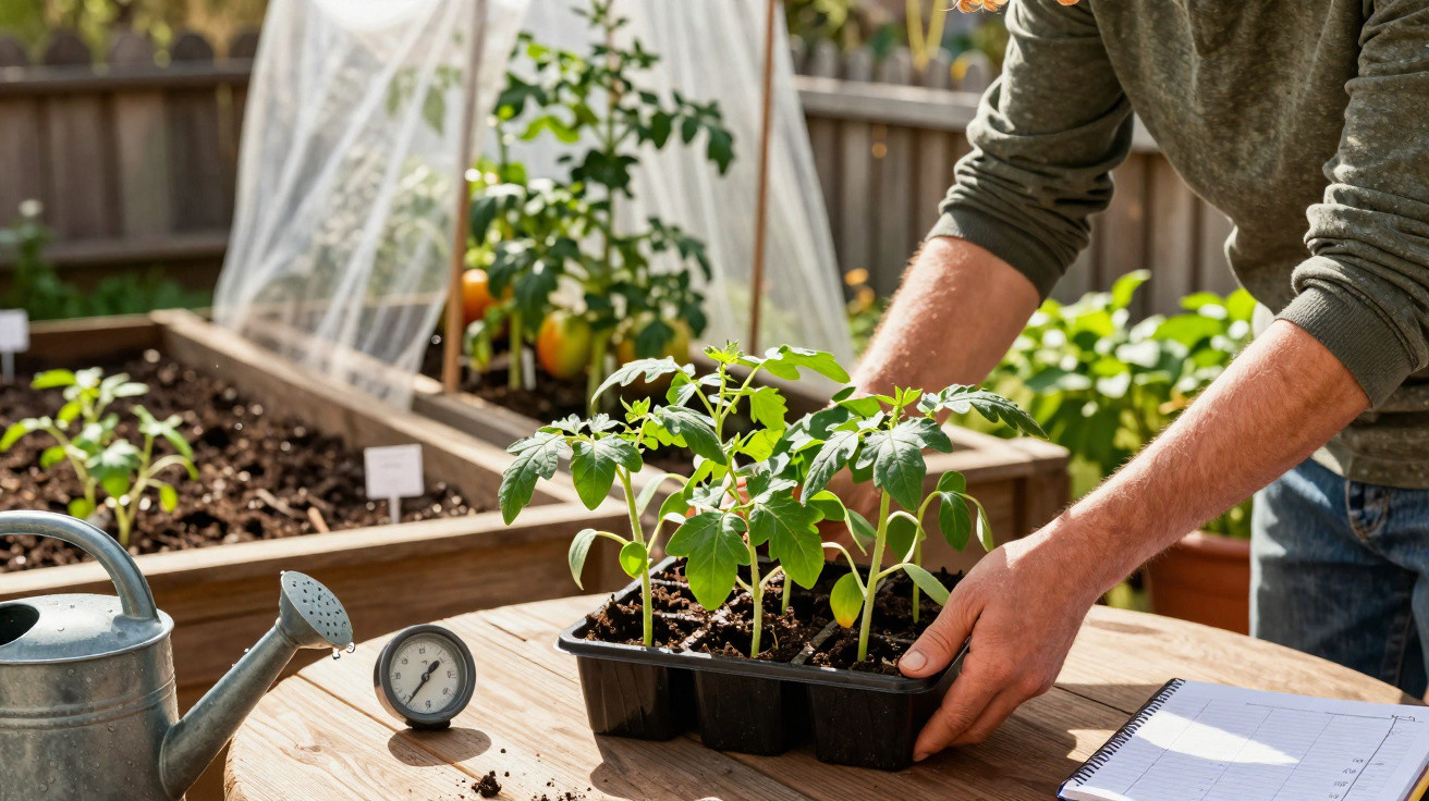 Pessoa a cuidar de plantas jovens num viveiro com regador, termómetro e caderno sobre a mesa de madeira.