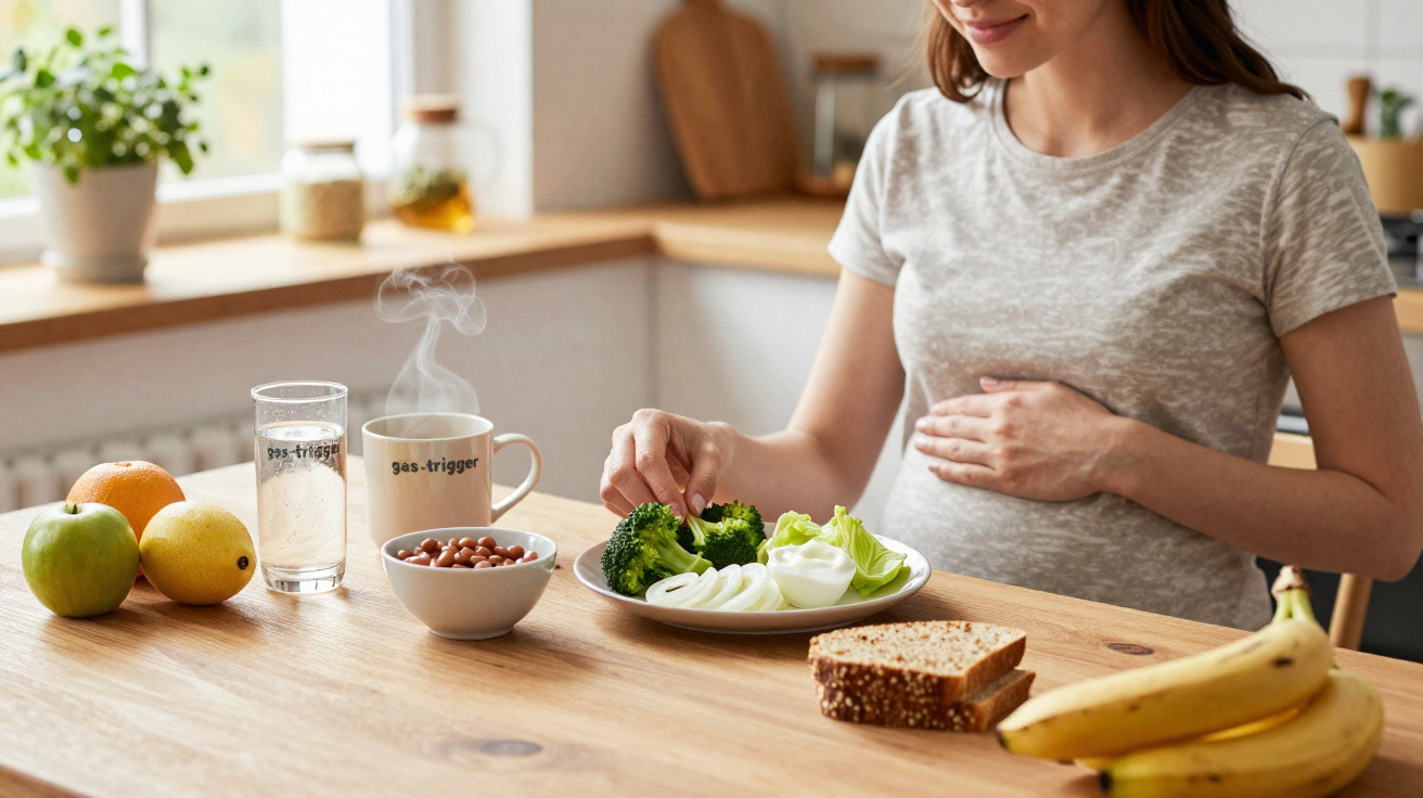 Mulher grávida a preparar uma refeição saudável com legumes, fruta, pão e bebida numa cozinha luminosa.