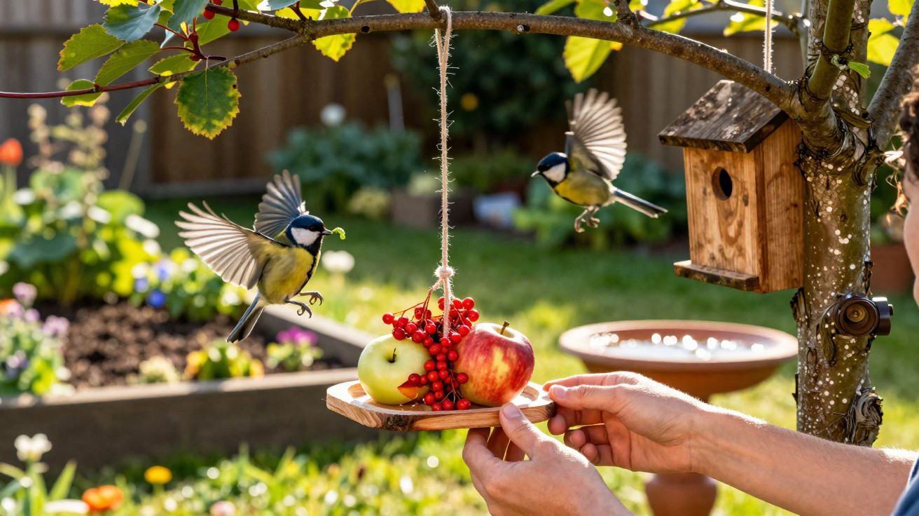Pássaros aproximam-se de mesa suspensa com maçãs e bagas em jardim com casa de pássaros.