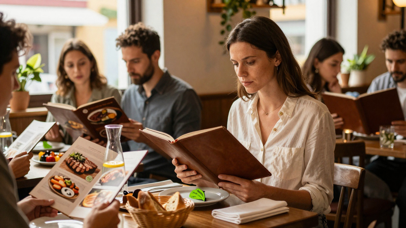 Pessoas sentadas numa mesa de restaurante a ler os menus antes de fazerem os pedidos.