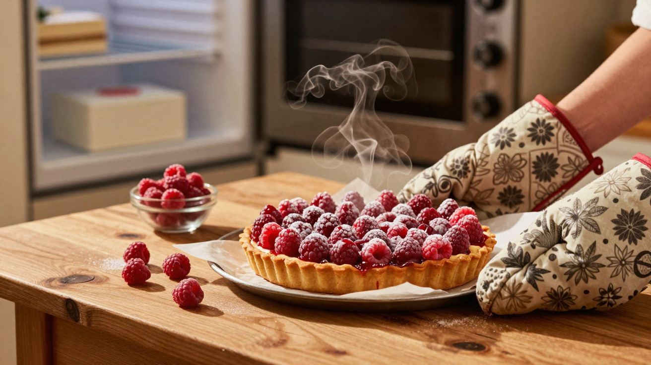 Pessoa com luvas de forno a retirar do forno tarte quente de framboesas polvilhada com açúcar em pó.