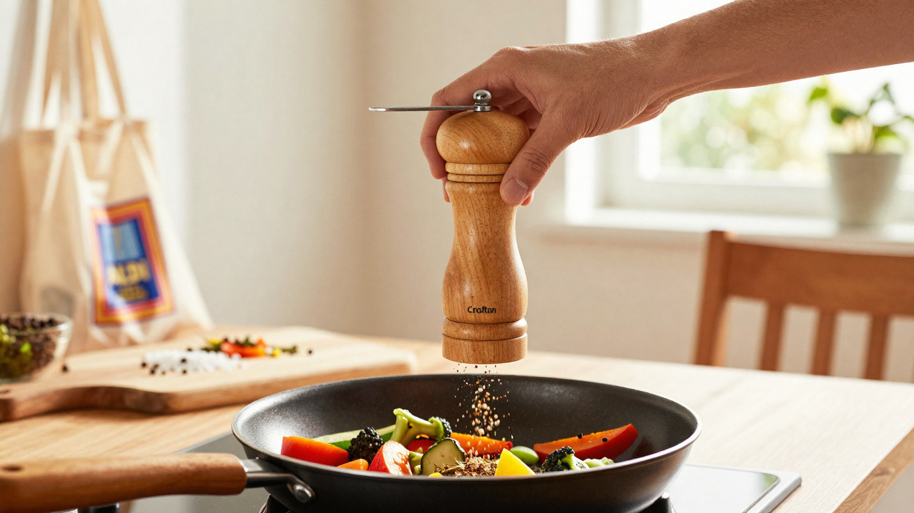 Mão a temperar legumes frescos numa frigideira com um moedor de pimenta de madeira.