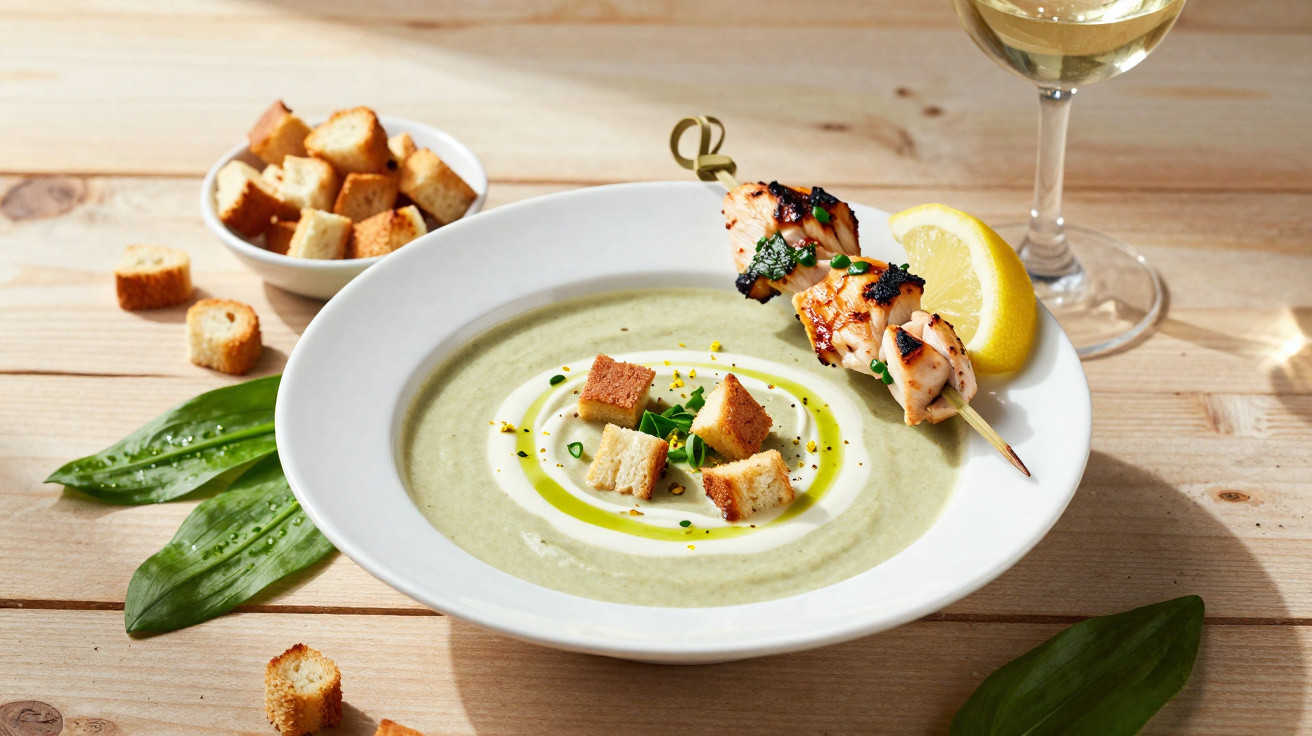 Sopa cremosa verde com croutons, espetada de frango grelhado e fatia de limão, acompanhada de copo de vinho branco.