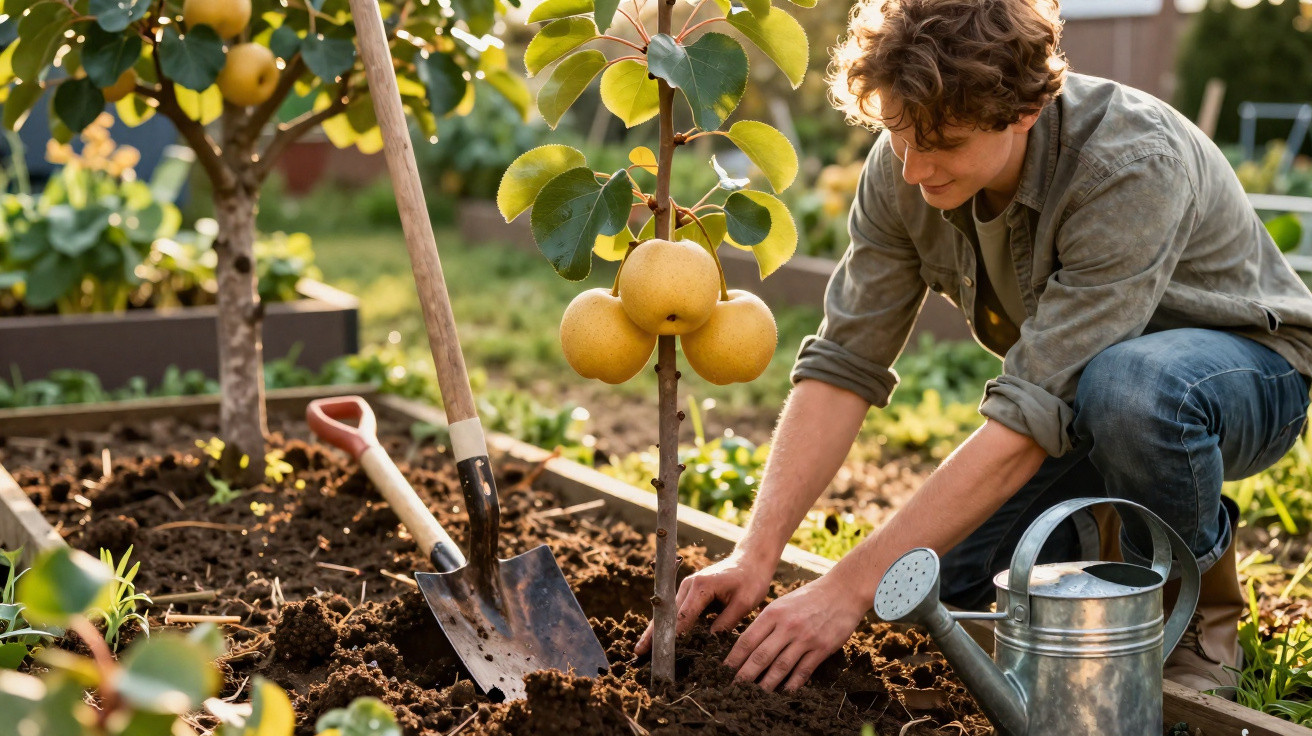 Jovem a plantar uma árvore de fruto num jardim com enxada e regador ao lado.