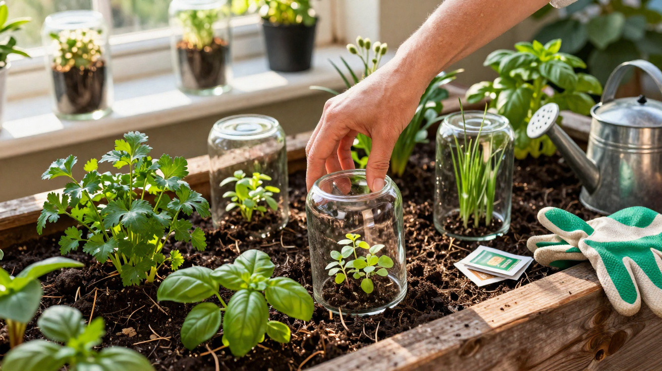 Mão a proteger plantas com copos de vidro num canteiro de madeira com outras ervas e ferramentas de jardinagem.