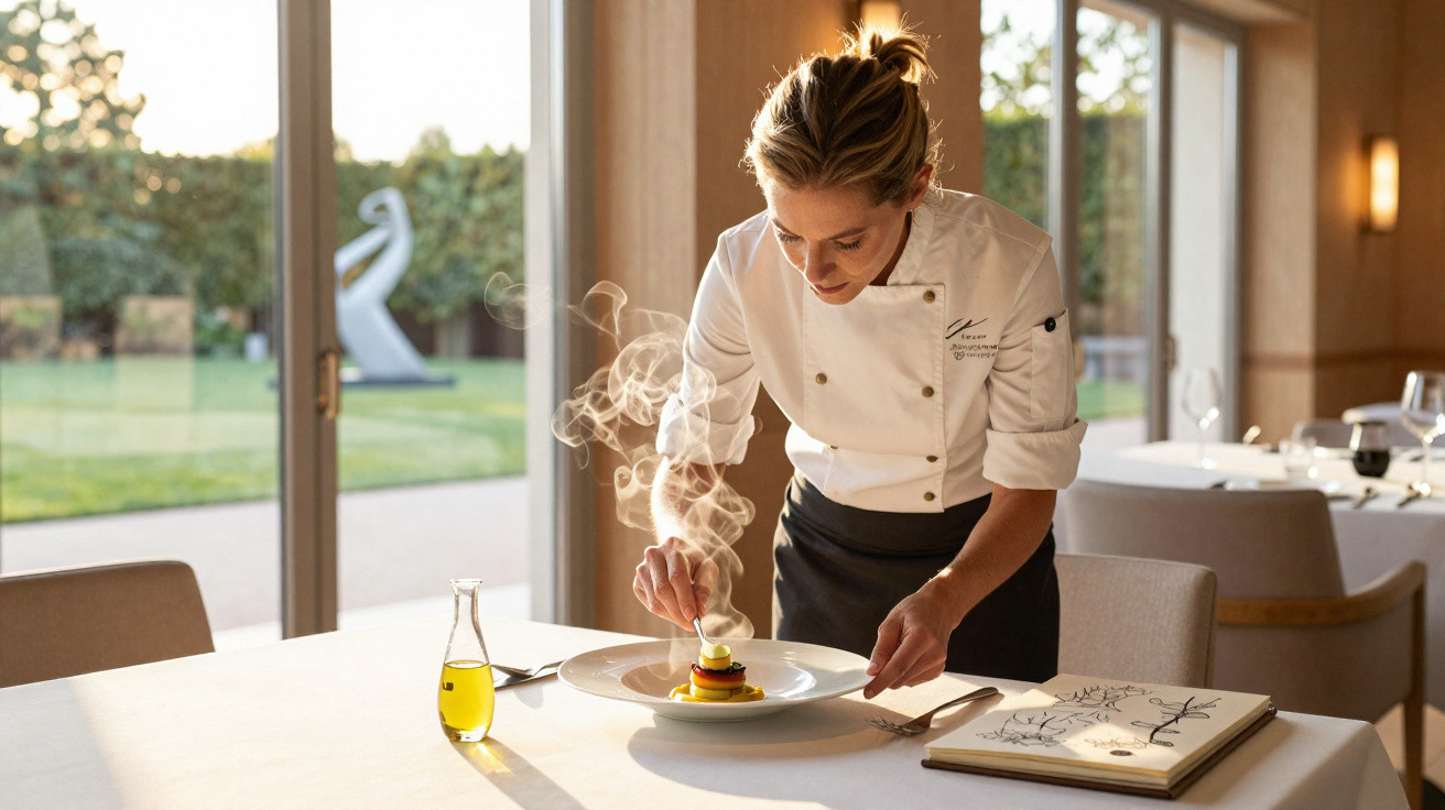 Chef mulher a guarnecer prato quente fumegante numa mesa de restaurante elegante com vista para jardim.