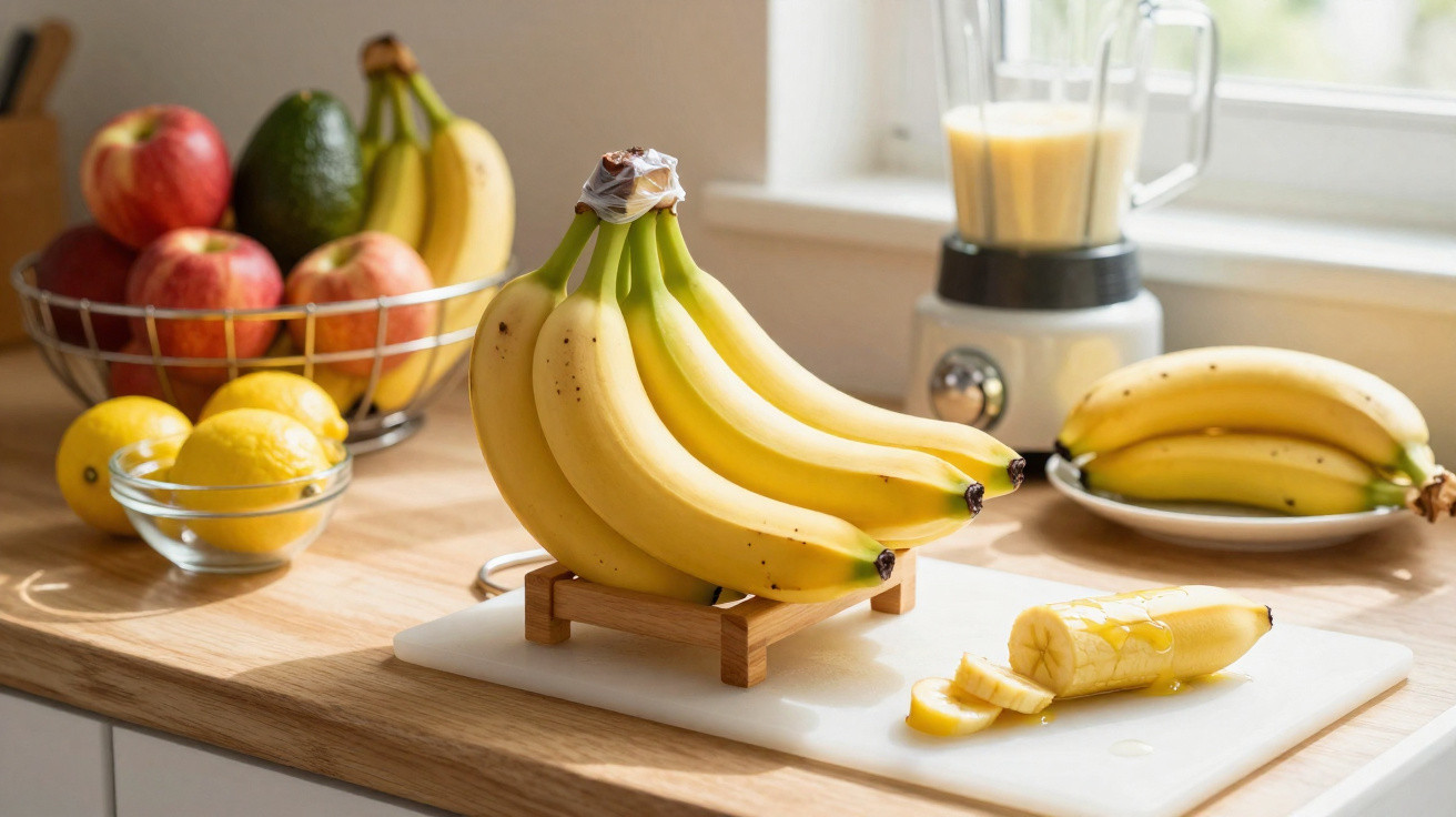 Cacho de bananas em suporte de madeira, com frutas e liquidificador ao fundo numa cozinha iluminada.