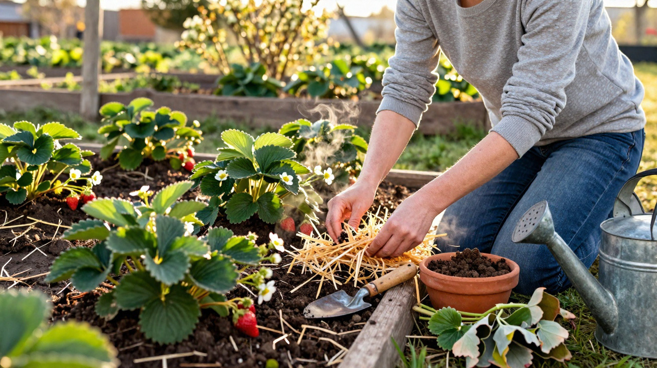 Pessoa a cultivar morangos num canteiro com terra, regador e ferramentas de jardinagem ao redor.