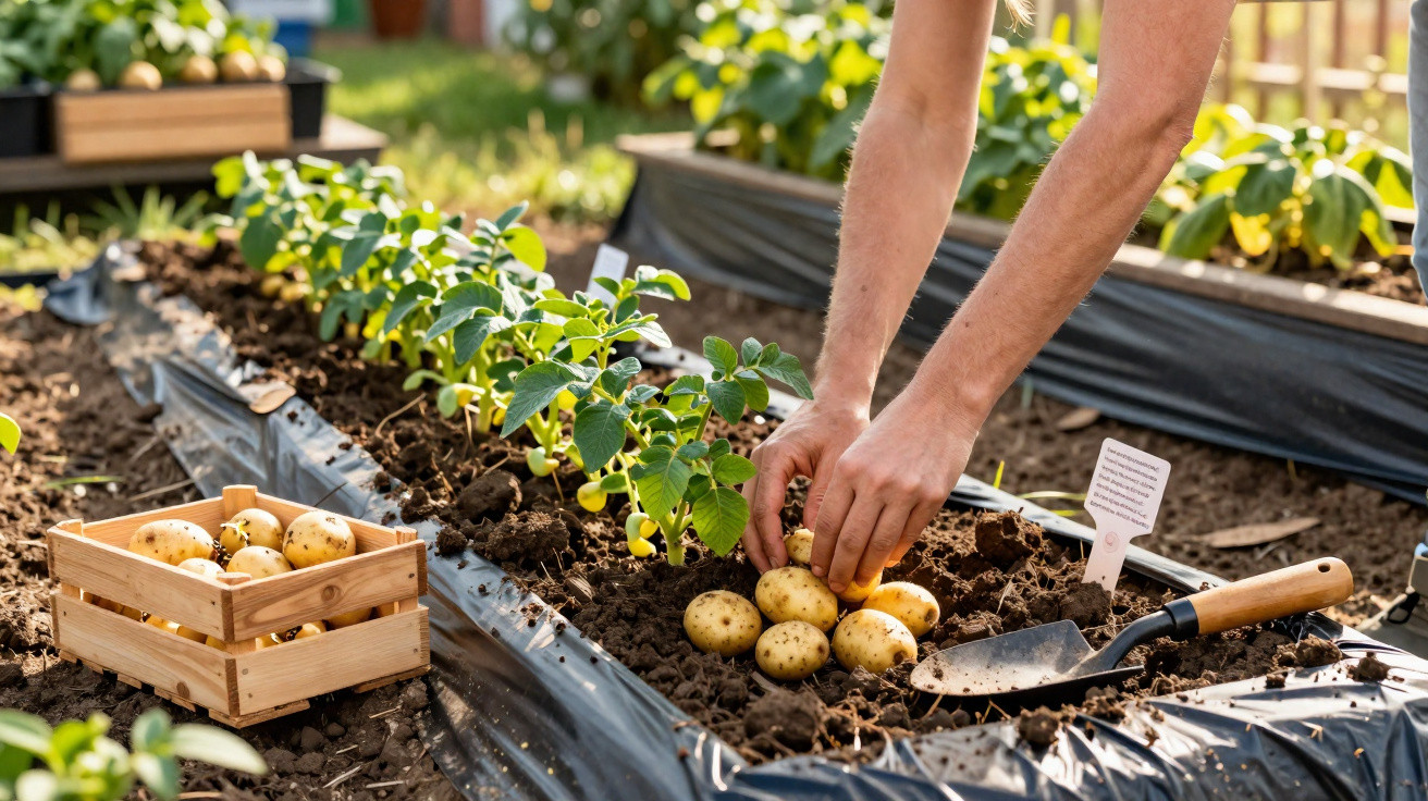 Mãos a plantar batatas numa horta com vegetação em leiras e uma caixa de madeira com batatas.