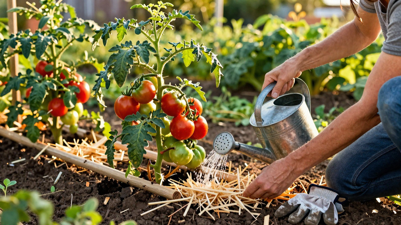 Pessoa a regar planta de tomateiras com tomates maduros vermelhos e verdes numa horta ensolarada.