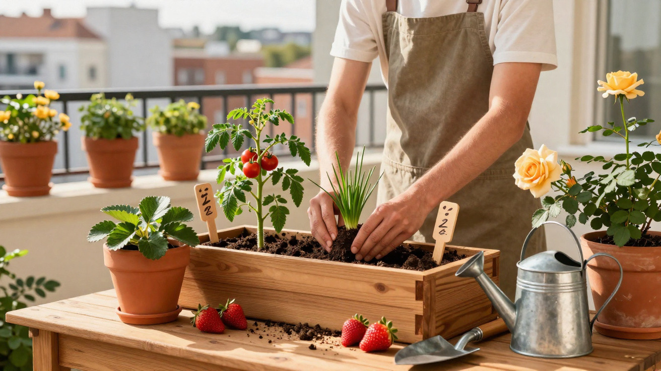 Pessoa a cuidar de plantas e morangos numa varanda, com regador e ferramentas de jardinagem à mesa.