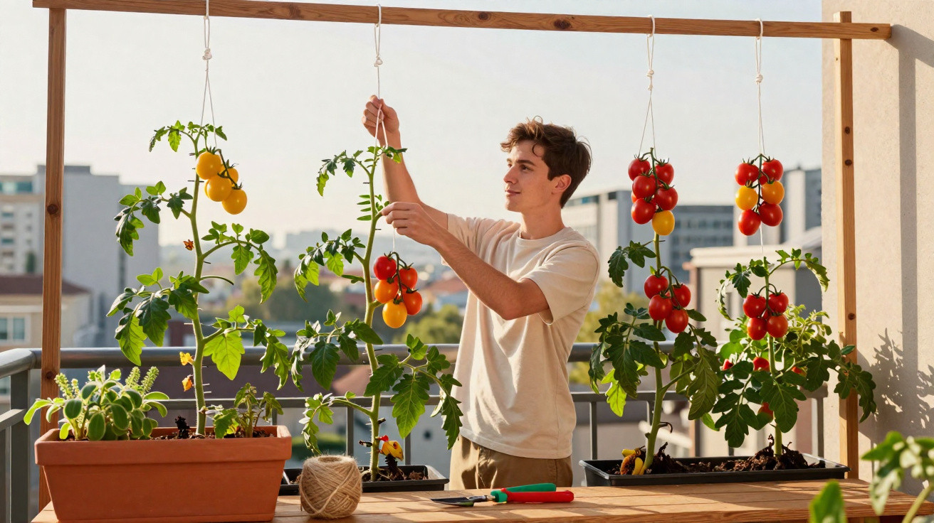 Jovem cuida de tomateiros suspensos num terraço urbano sob luz natural do dia.