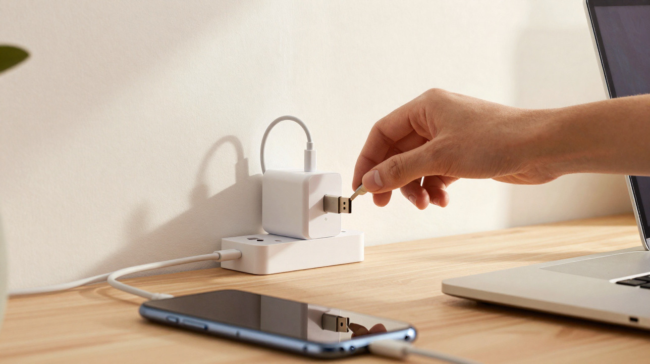 Mão a ligar pen USB a carregador branco numa régua elétrica, com smartphone e computador portátil à mesa.