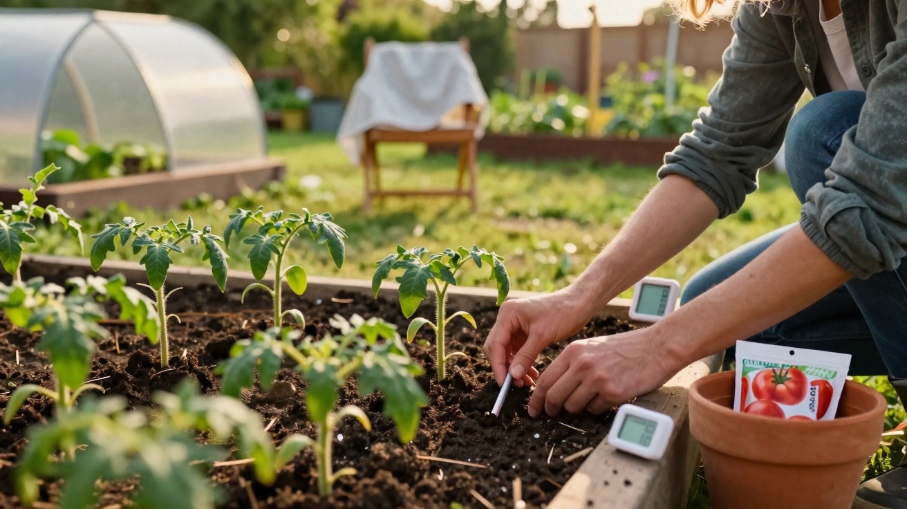 Pessoa a plantar sementes em canteiro com mudas de tomate num jardim ao ar livre.