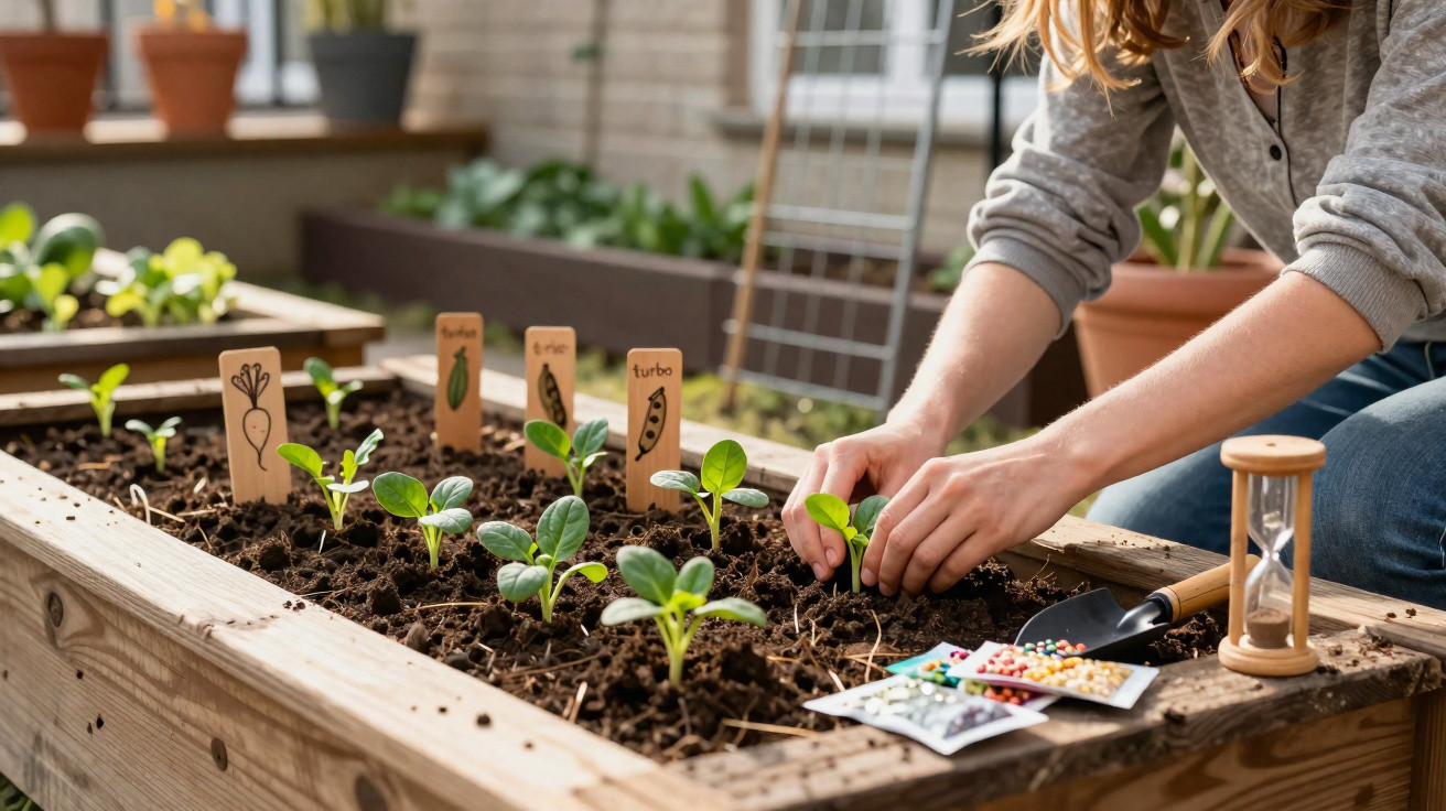 Pessoa a cuidar de plantas jovens numa horta urbana elevada com sinalizadores de cultivo.