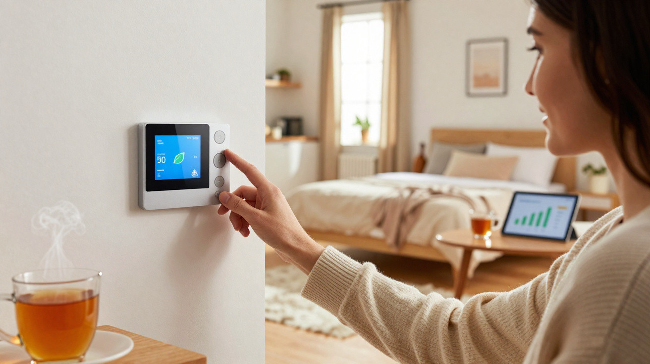 Mulher ajusta termóstato digital numa sala com cama, chá e computador portátil ao fundo.