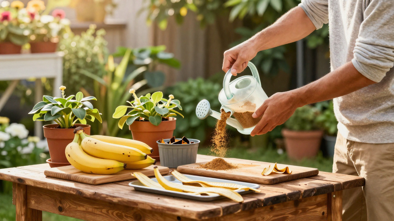 Pessoa a deitar adubo em mesa de madeira com bananas, plantas e utensílios de cozinha em jardim.