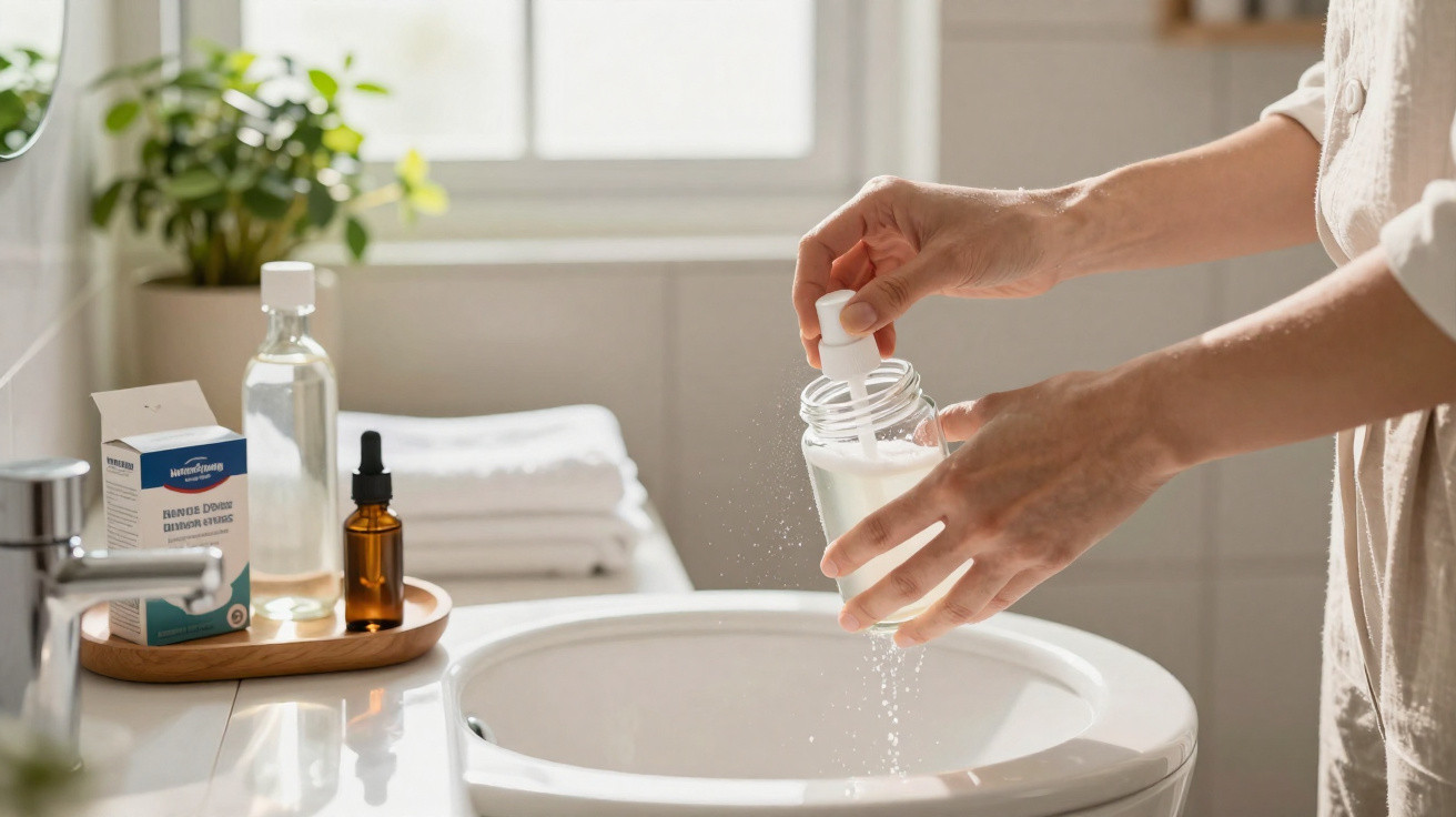 Pessoa a pulverizar toner facial sobre o rosto num lavatório numa casa de banho luminosa.