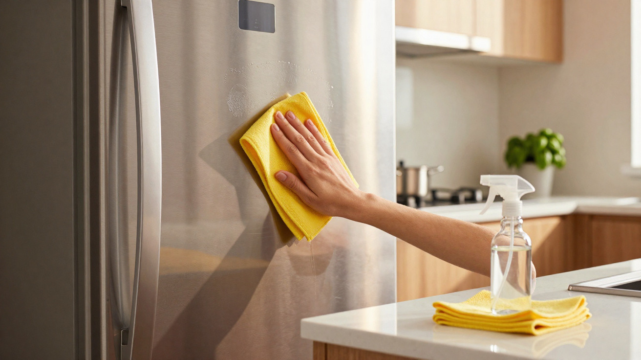 Pessoa a limpar a porta de um frigorífico inox com um pano amarelo numa cozinha moderna.