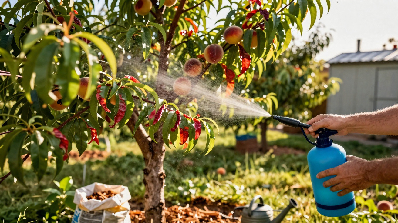 Mãos a borrifar pesticida em árvore de pêssego num pomar ensolarado com frutos e ferramentas no chão.